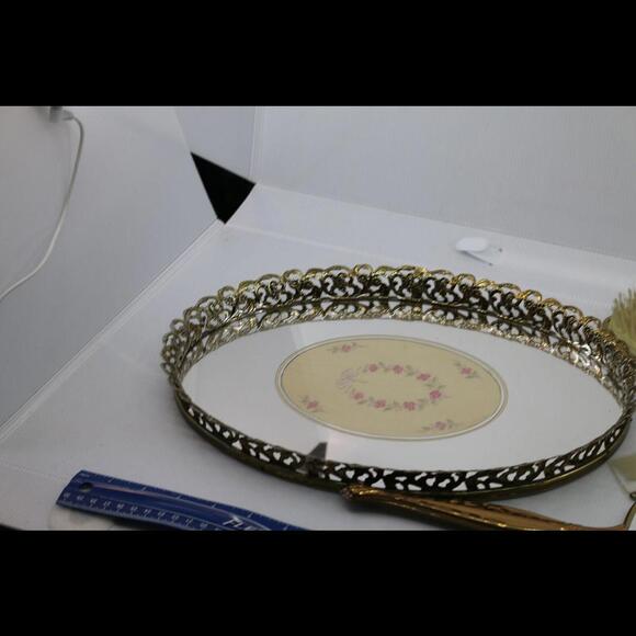 Vintage Ornate Mirrored Vanity Tray Brush Comb Hand Held Mirror - Picture 4 of 8